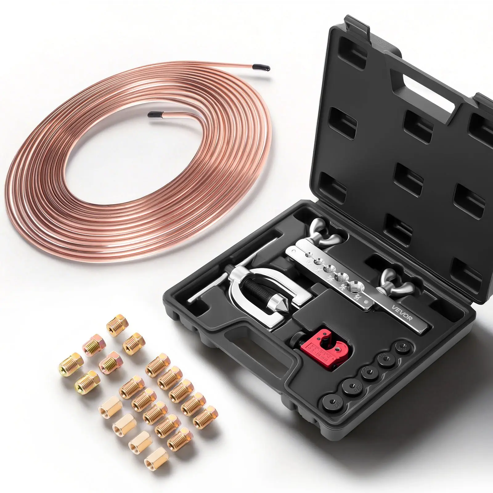 VEVOR CT-2032D 3/16" Carbon Steel Brake Line Repair & Precision Double Flare Tool Kit, 45° Cone Design, 25 ft Copper-Coated Line, Flaring Bar, Portable Toolbox, 16 Fittings, 4 Unions, Tube Cutter, 5 Transmission Adapters for Installation