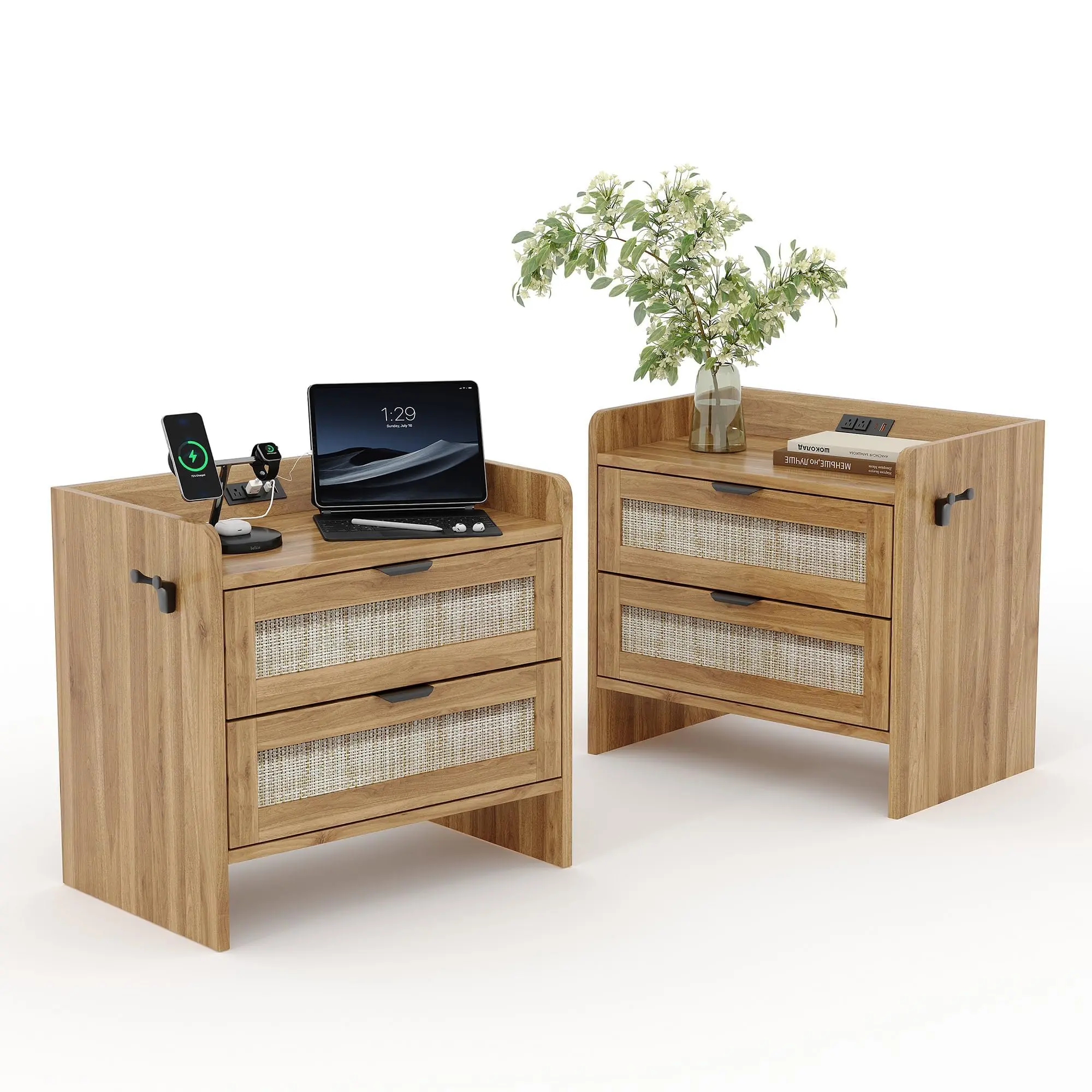 Garvee Boho Rattan Nightstands Set of 2 - Composite Wood Set Bedroom Furniture with Type-C Charging Port, 2 Drawers, Convertible Table Storage for Bedroom, Office