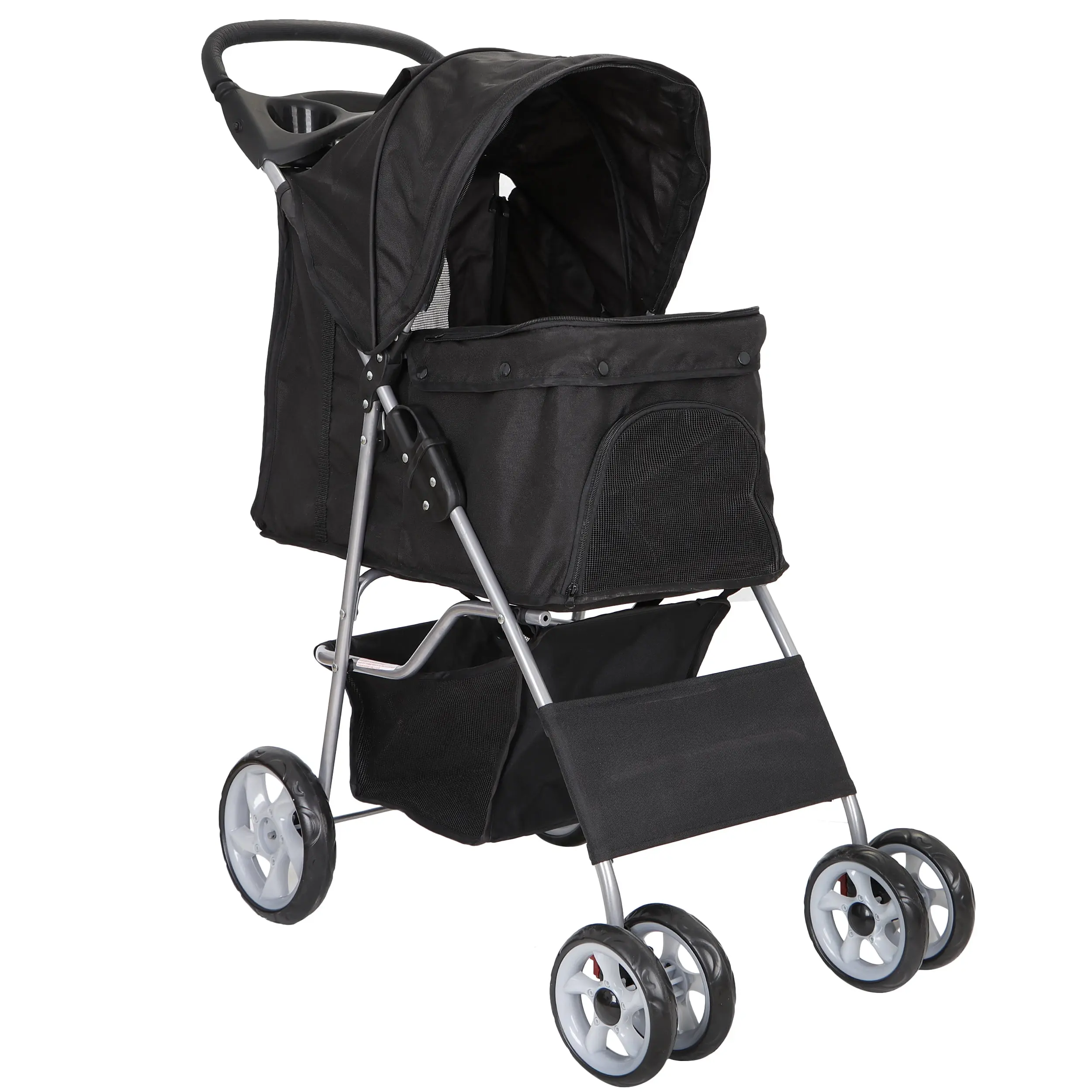 Black 4-Wheel Portable Dog Stroller with Tray and Carrier, Pet Travel Accessory for Dogs