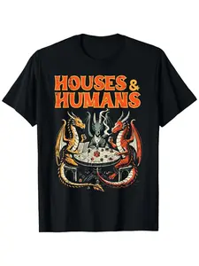 Dragon Property Board Game Fantasy Long Man Casual T-Shirt, Retro Dragon Group Geometric Tabletop Print, Trpg Enthusiast Fitted Fit, Trendy Desktop Gaming Culture Streetwear Clothing