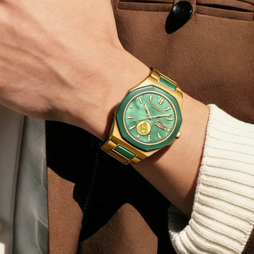 Diella Automatic Watches for Men Mens Watches Waterproof Date Luminous, Dial is Inlaid with Emerald Jade, Crown with Sapphire Automatic Watches for Men Luxurious Gift
