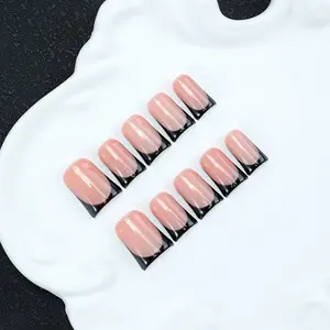 10pcs Handmade，Multiple models to choose from, white Black border French Tip Press On Nails - Nude & Black Acrylic False Nails, Pink And Blue  French Reusable Y2K Bad Girl Style Nail Kit with Free Nail Tool Kit, Suitable for daily party attire
