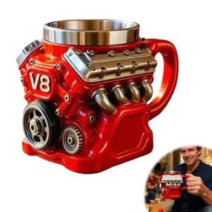 3D V8 Engine Car-Shaped Stainless Steel Insulated Tumbler - Heavy-Duty Heatproof Retro Mechanical Drinkware for Coffee & Tea, Washable Automotive Lover Holiday Gift for Him