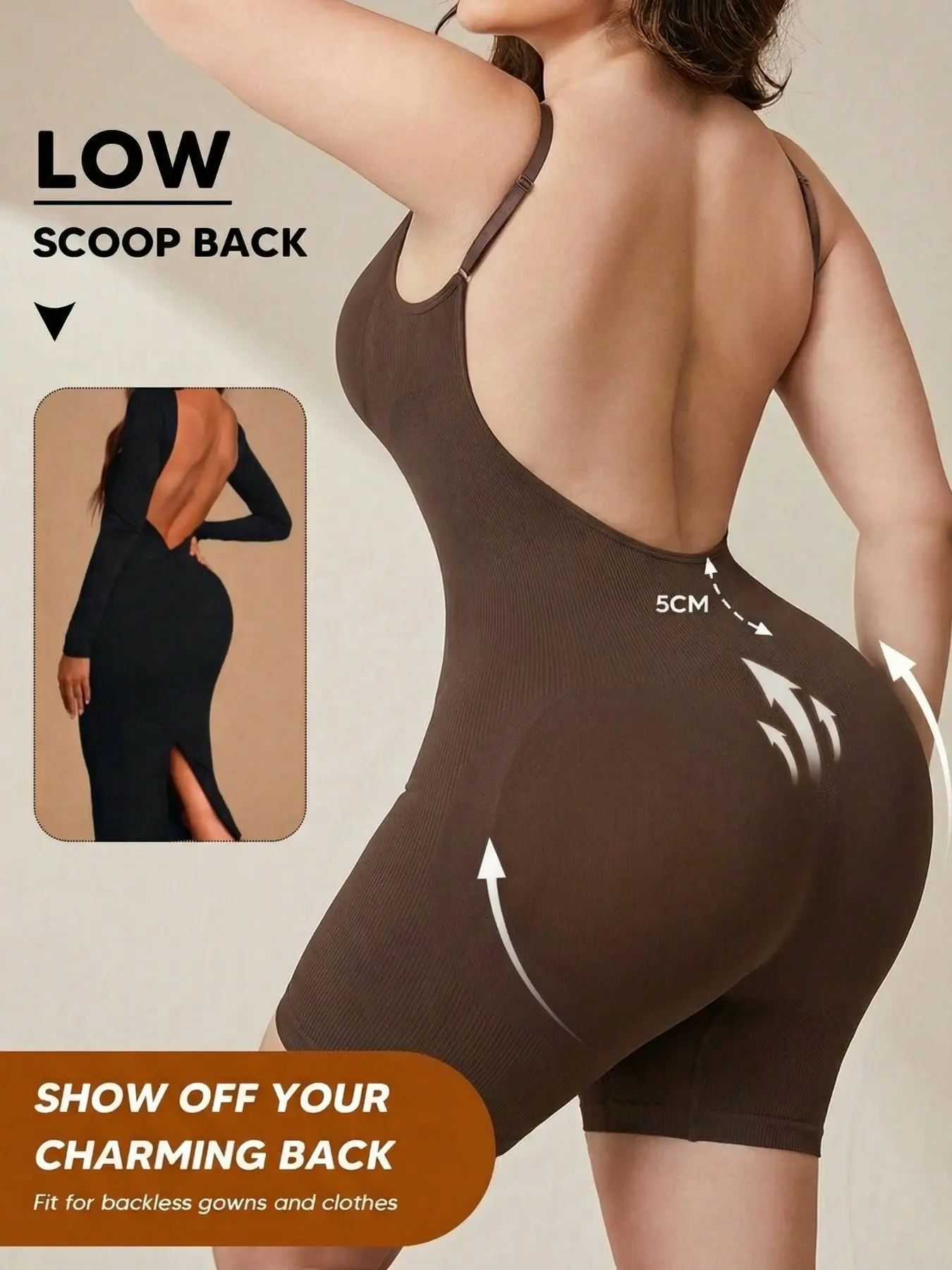 Low Scoop Back Ribbed Shapewear Bodysuit, Tummy Control Butt Lift, Seamless Spaghetti Strap Design, Perfect for Backless Dresses, Versatile Slimming Base Layer, Hip Enhancer Shapewear