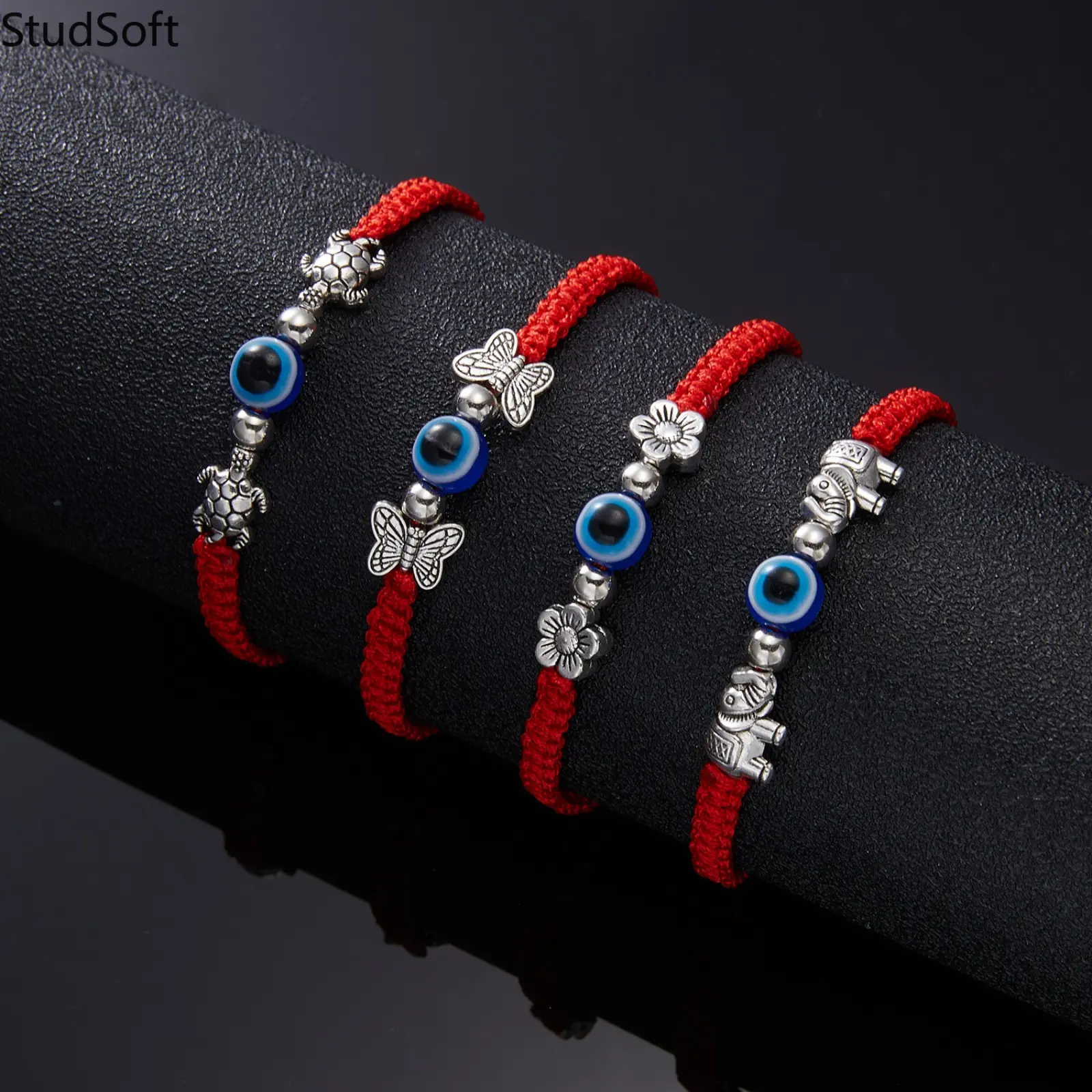 Red String Bracelet Set, 4-Piece Handmade Woven Jewelry with Evil Eye, Animal & Flower Protection Charms - Casual & Adjustable for Women & Men