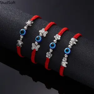 2026 4Pcs Evil Eye Animal Charm Red String Bracelet Set – Handmade Woven Protection Bracelets with Turtle, Butterfly, Flower & Elephant Charms for Women & Men