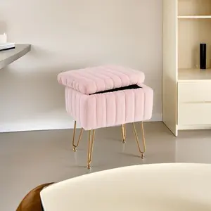 Vanity Stool Chair Faux Fur with Storage 15.7L x 11.8W x 19.4H Soft Ottoman 4 Metal Legs Anti-Slip Feet Furry Padded Seat Modern Multifunctional for Makeup Bedroom Pink Storage Ottoman Vanity Stools with Metal Legs 16.5 x 11.8 x 18 - Furniture