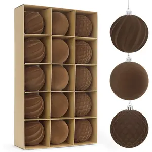 15 count  Christmas Balls  Ornaments Set, Shatterproof Plastic Flocked Christmas Tree Balls Xmas Decorations Festival Holiday Party Decor (Brown,3.15 Inch)