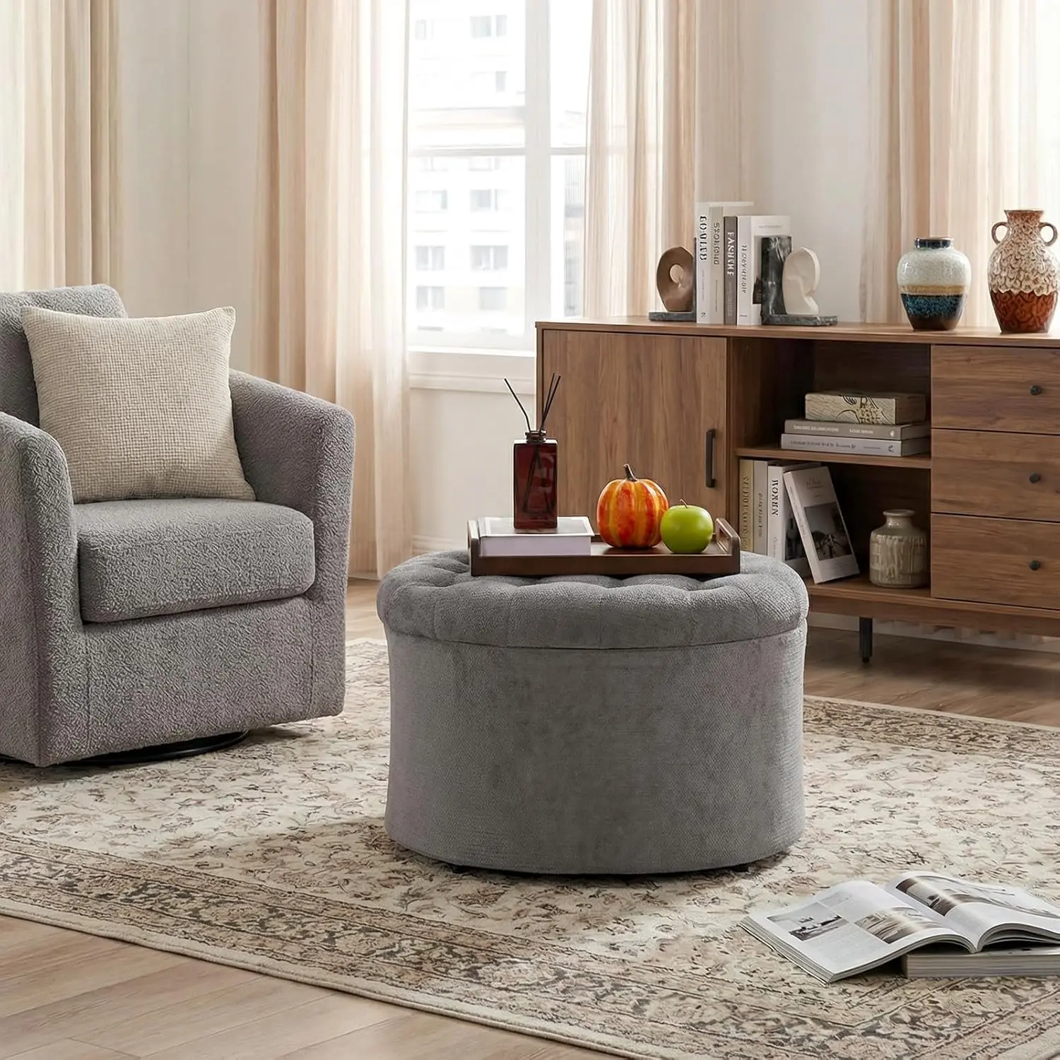 ONBRILL 25" Round Upholstered Storage Ottoman - Furniture Ottoman, Modern Footstool, Multifunctional Stool for Living Room, Bedroom, Holds Up to 220 lbs, Grey Organizer for Books, Blankets, Kids' Toys, Ottoman With Storage, 25 In