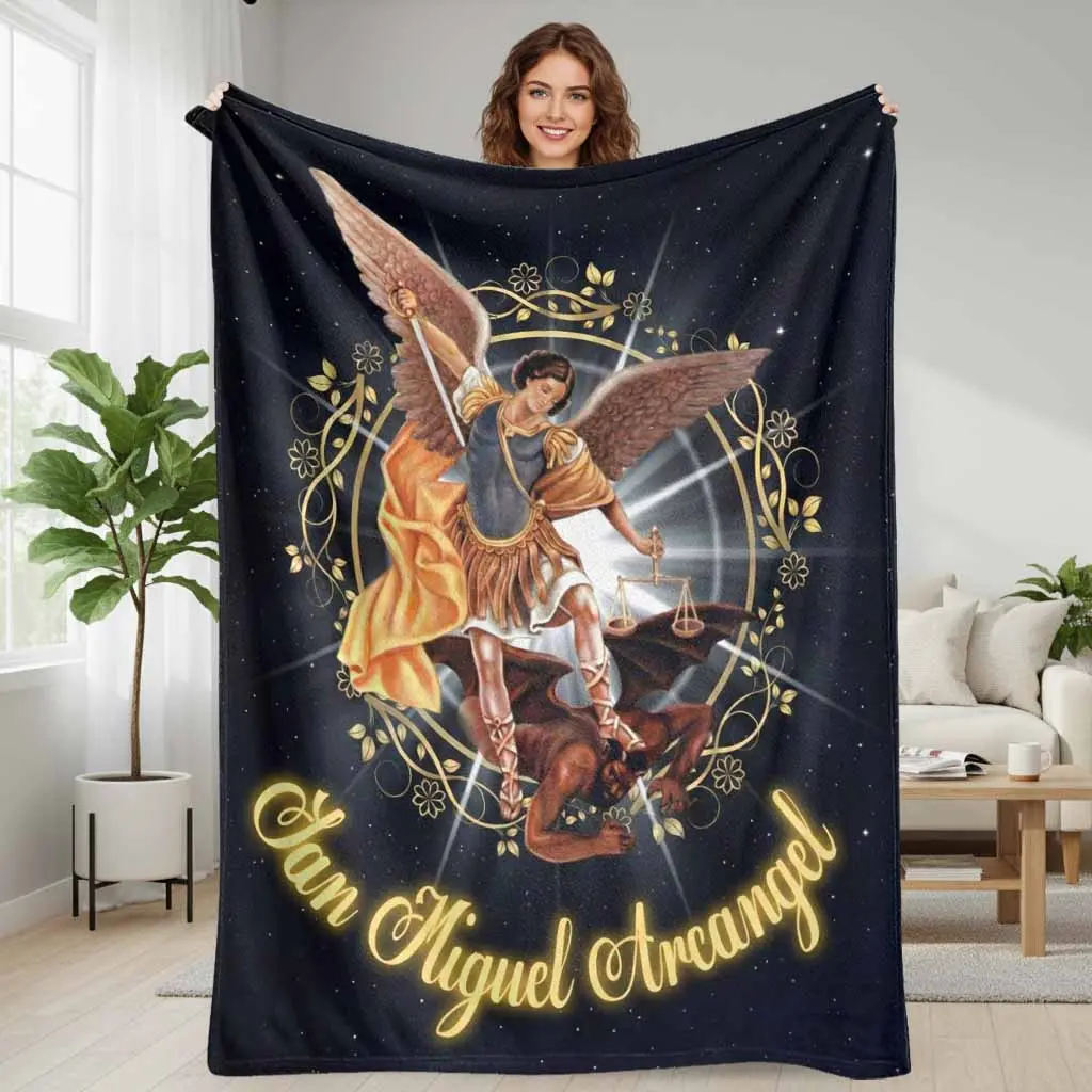 San Miguel Arcangel Flannel Fabric Blanket - Religious Angel Print, Lightweight Breathable, Wrinkle Resistant, Durable, Multi-Size, Soft Warm Cozy Decorative Throw for Home Decor, Spiritual Gift, Lightweight Breathable Blanket, Anti-Pilling