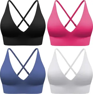 Evercute Women's Sports Bras 3/4 Pack Adjustable Deep V Neck Bras Wireless Spaghetti Strap Criss Cross Padded Low Support Bra