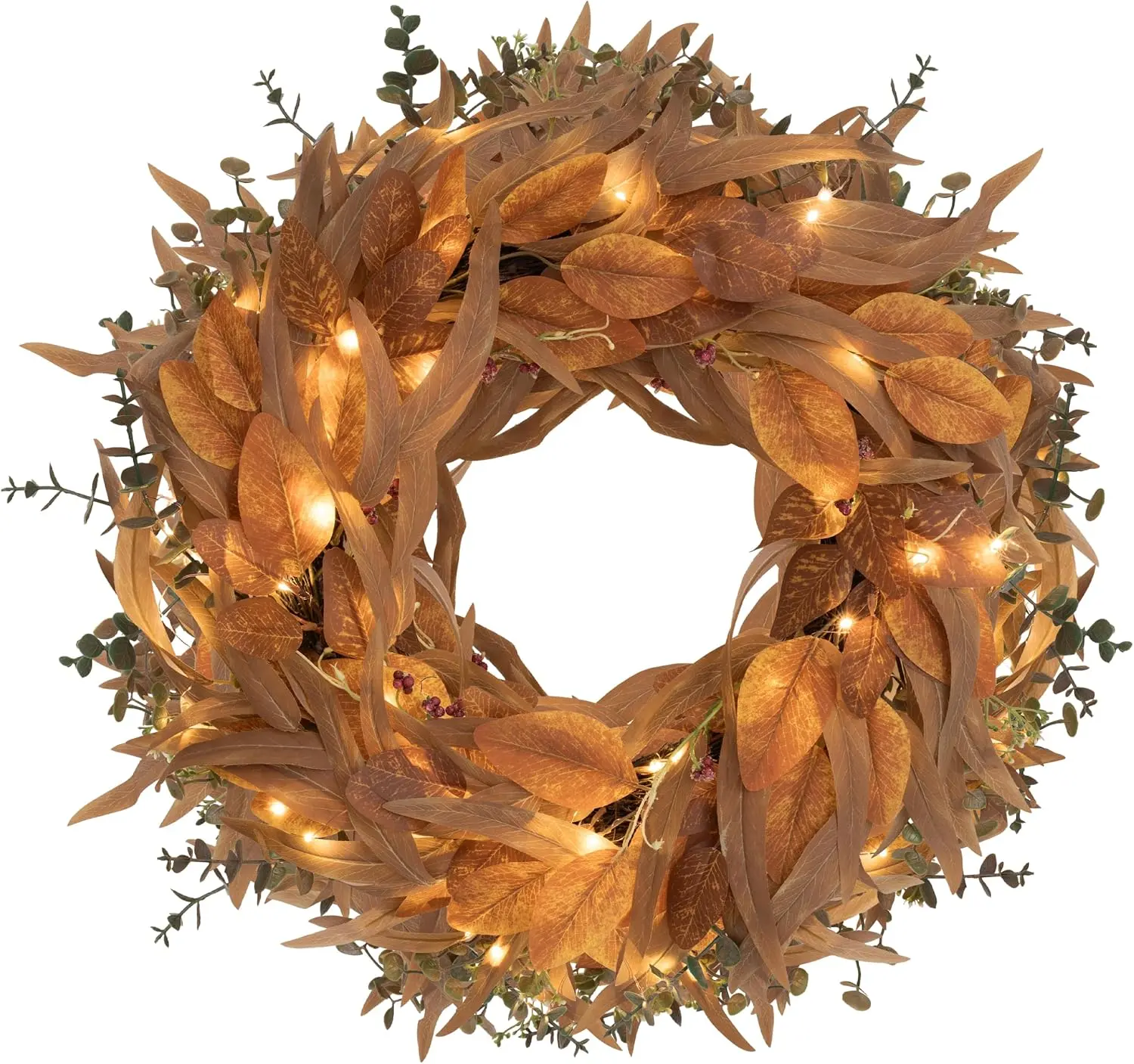 24" Fall Wreaths for Front Door with Light Autumn Eucalyptus Wreath | Fall Wreaths for Front Door Artificial Eucalyptus with 50 LED Timer Lights fFall Decor for Porch, Wall, Window and Fireplace