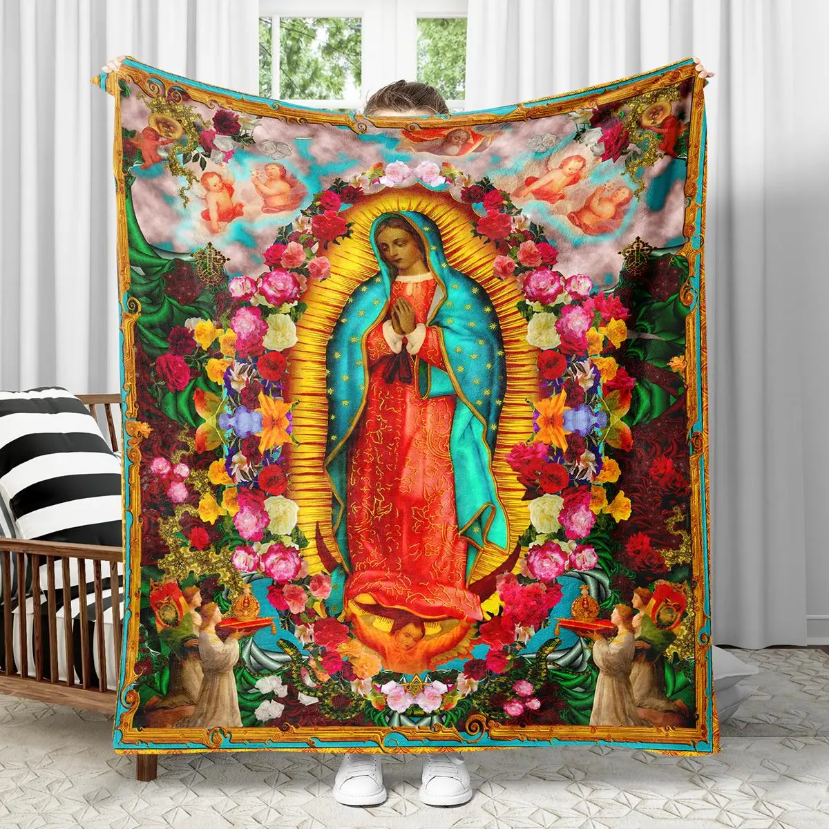 Mary Print & Flower Pattern Blanket, Lightweight Warm Flannel Throw Blanket, All Season Blanket, Breathable Comfortable Blanket, Comfy Bedding for Hal