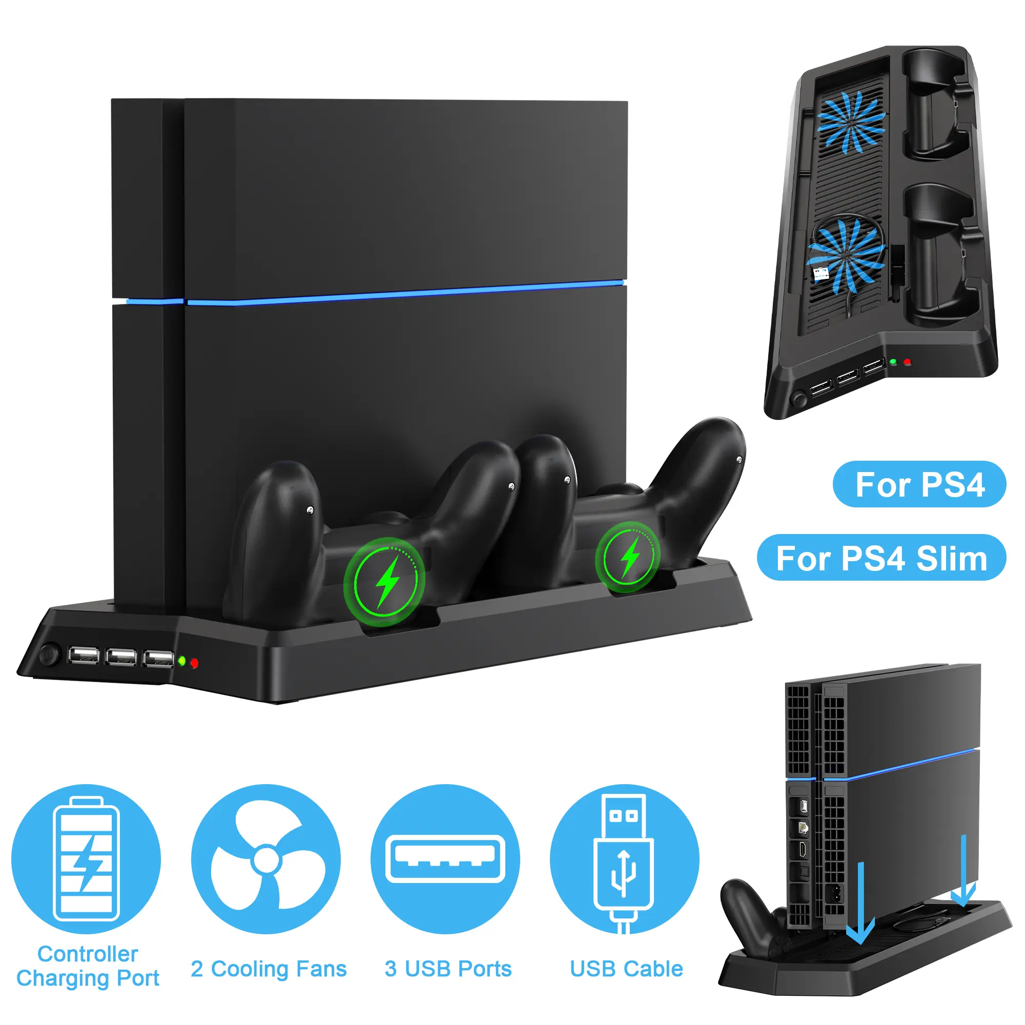 Vertical Stand Cooling Station  for PS4 Slim/PS4 with Dual Controller Charger Dock, 2 Cooling Fans, 3 USB Ports - Gaming Console Accessory for PlayStation4/PS4 Slime lever back