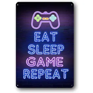 Neon Gaming Metal By Sign for Gamer Room Décor Eat Sleep Game Repeat Boys Decorations for Bedroom Nursery Playroom Wall Art
