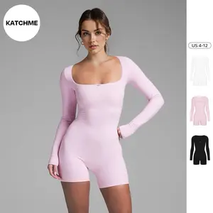 KatchMe Women's Workout Solid Color Lace Square Neck Long Sleeve Seamless Playsuit, Athletic Lightweight Stretch Shapewear, Breathable Womenswear