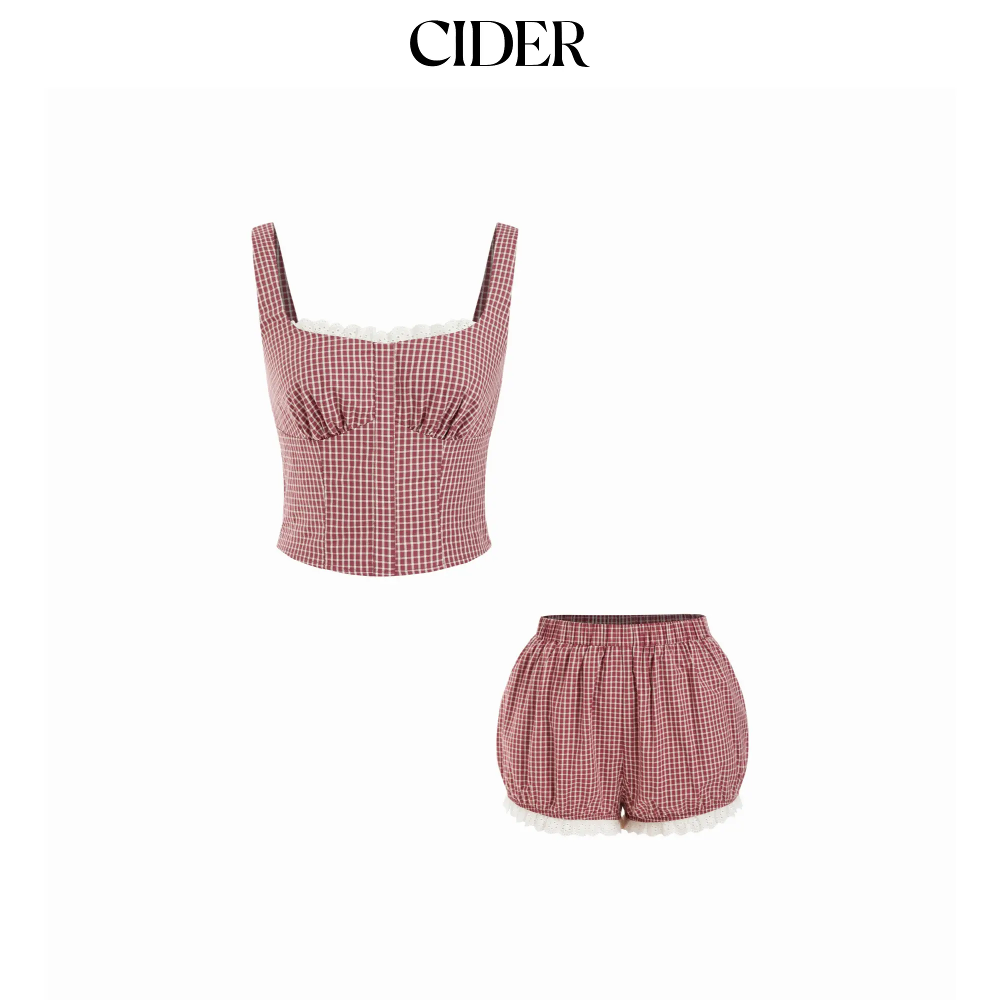 Cider Women's Cotton Plaid Clothes Set - 2-Piece Square Neck Lace Panel Top & Mid-Rise Bubble Hem Shorts