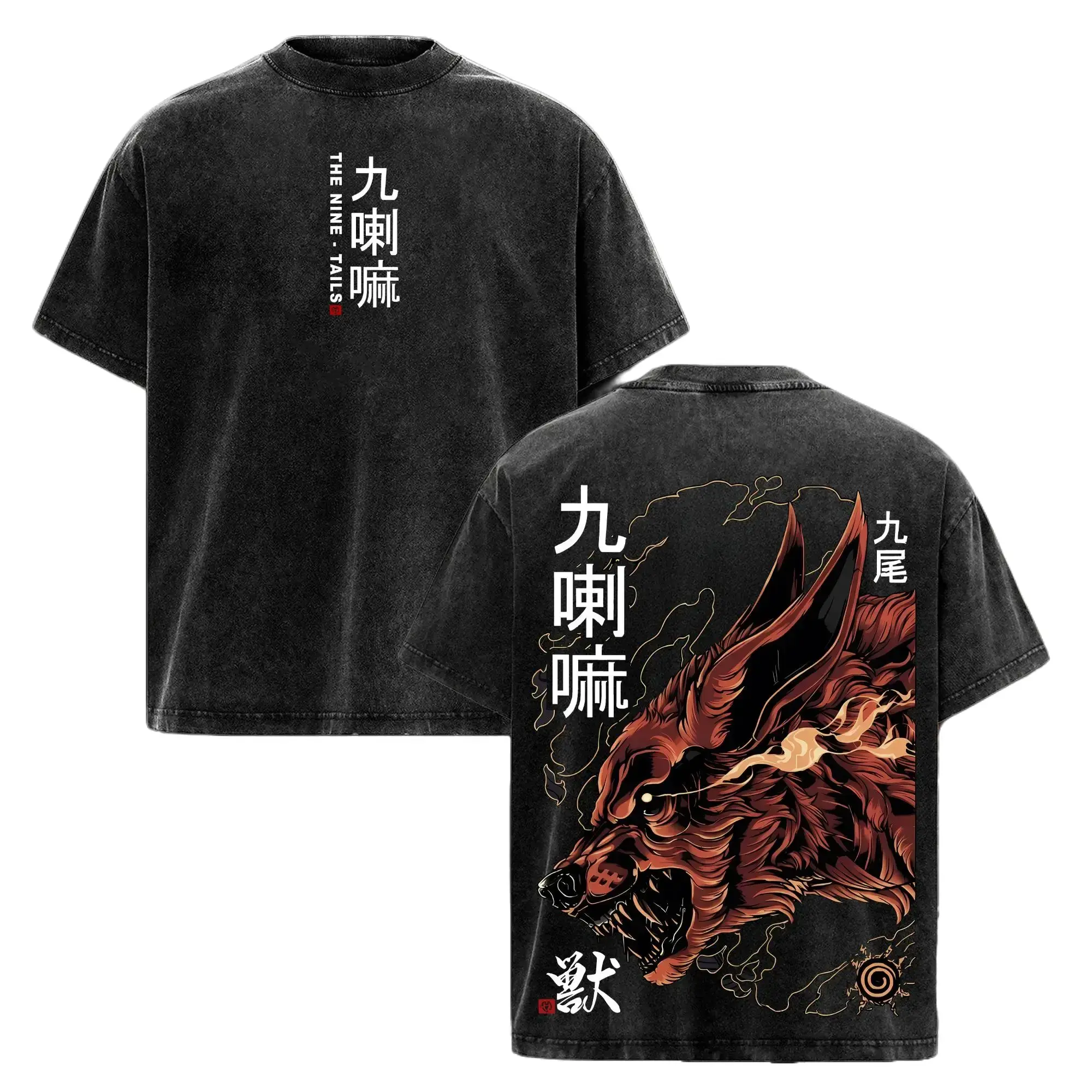 Oversized Nine Tails Fox Acid Wash T-Shirt - Heavyweight Cotton Vintage Kurama Anime Graphic Tee For Men & Women, Japanese Streetwear Apparel, Naruto Inspired Fashion Top, Cool Gym Pump Cover Shirt, Trendy Otaku Gift, Faded Y2K Manga Clothing Tops Casual