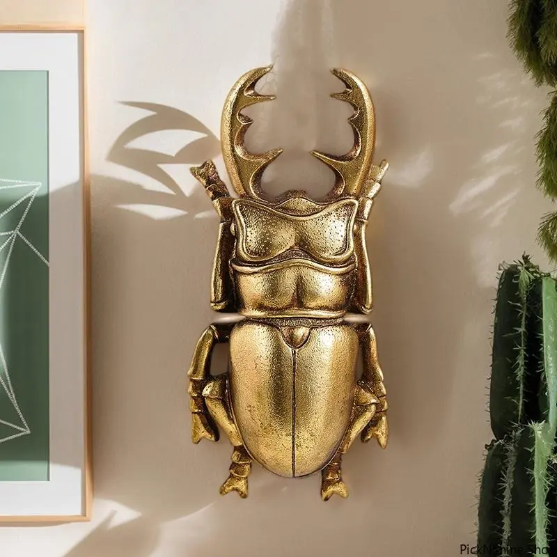 Golden Stag Beetle Hangable Wall Ornament, Interior Decoration Accessories, Living Room Decor, Modern Wall Decor, Home Wall Decoration