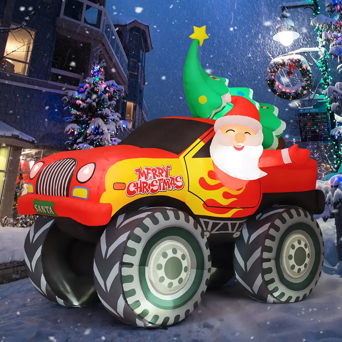 COMIN 7.2 FT Long Christmas Inflatables Outdoor Decorations Blow Up Inflatable Truck Carry Christmas Tree Santa Claus with Built-in LEDs for Xmas Yard Lawn Garden Decorations Water Proof Metal