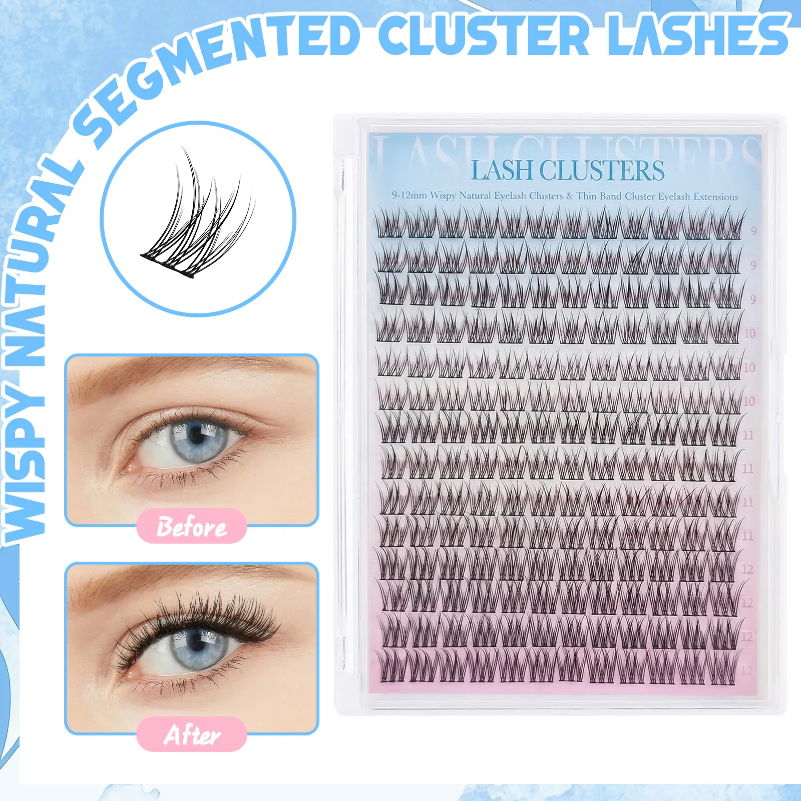 Lash Clusters Refill Pack D Curl – Wispy Natural Fluffy Thin Band Individual Eyelash Extensions 9-12mm | Lightweight DIY At-Home Easy Apply | Coquette Soft Girl Doll Eye Natural Look | Daily Party Wedding Festival Women Beginners