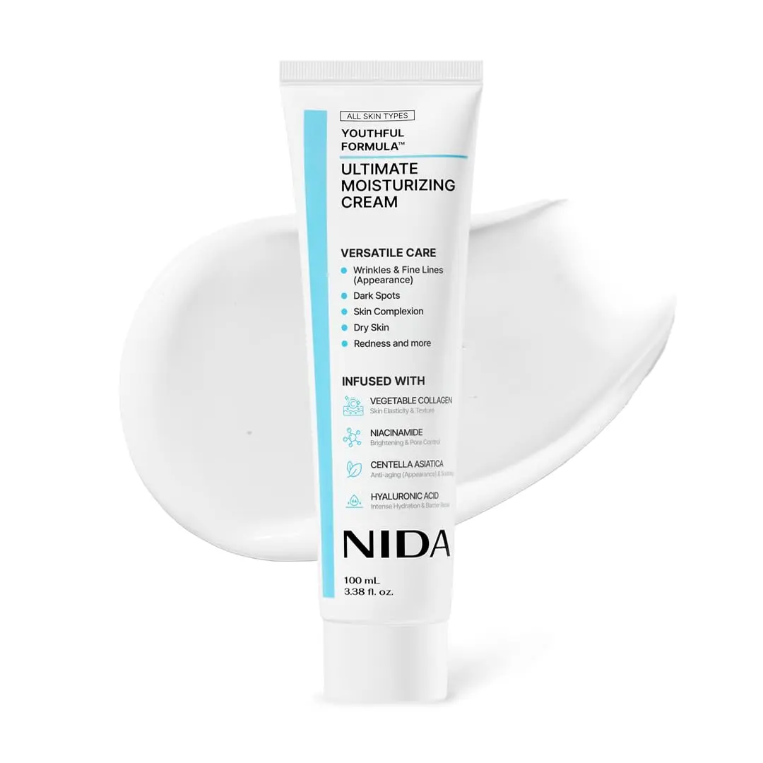 NIDA Youthful Formula Ultimate Moisturizing Cream | Centella Asiatica, Niacinamide, Hyaluronic Acid, Collagen | Wrinkles, Fine Lines, Dark Spots, Dry Skin, Redness | 3.38 fl. oz., 100ml