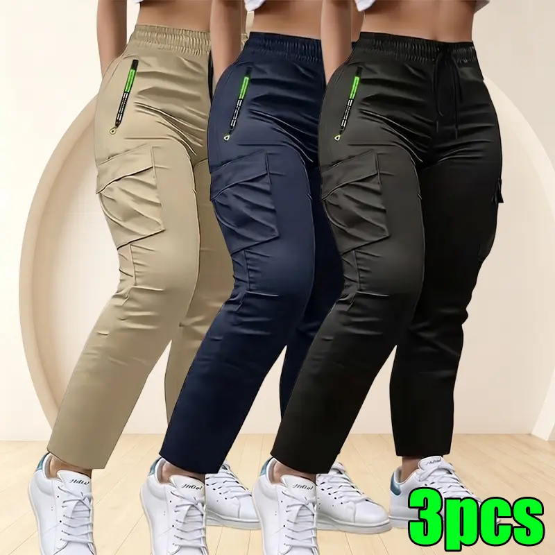 Clean Gent women’s 3-pack driver cargo pants featuring letter print and green color, zippered pockets, and a stylish pleat belt design; casual outdoor long pants with a drawstring elastic waistband, suitable for slow jogging and everyday wear.