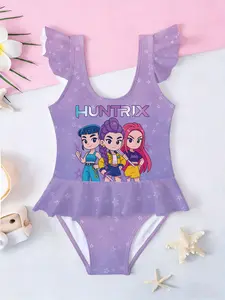 Girls' One-Piece Swimsuit Huntr/x Girl Group Q Version Printed Star Full Print Same Color Fly Sleeves Ruffle Trim Swimsuit Pool Beach Sweet Cool Style Star Print Swimwear