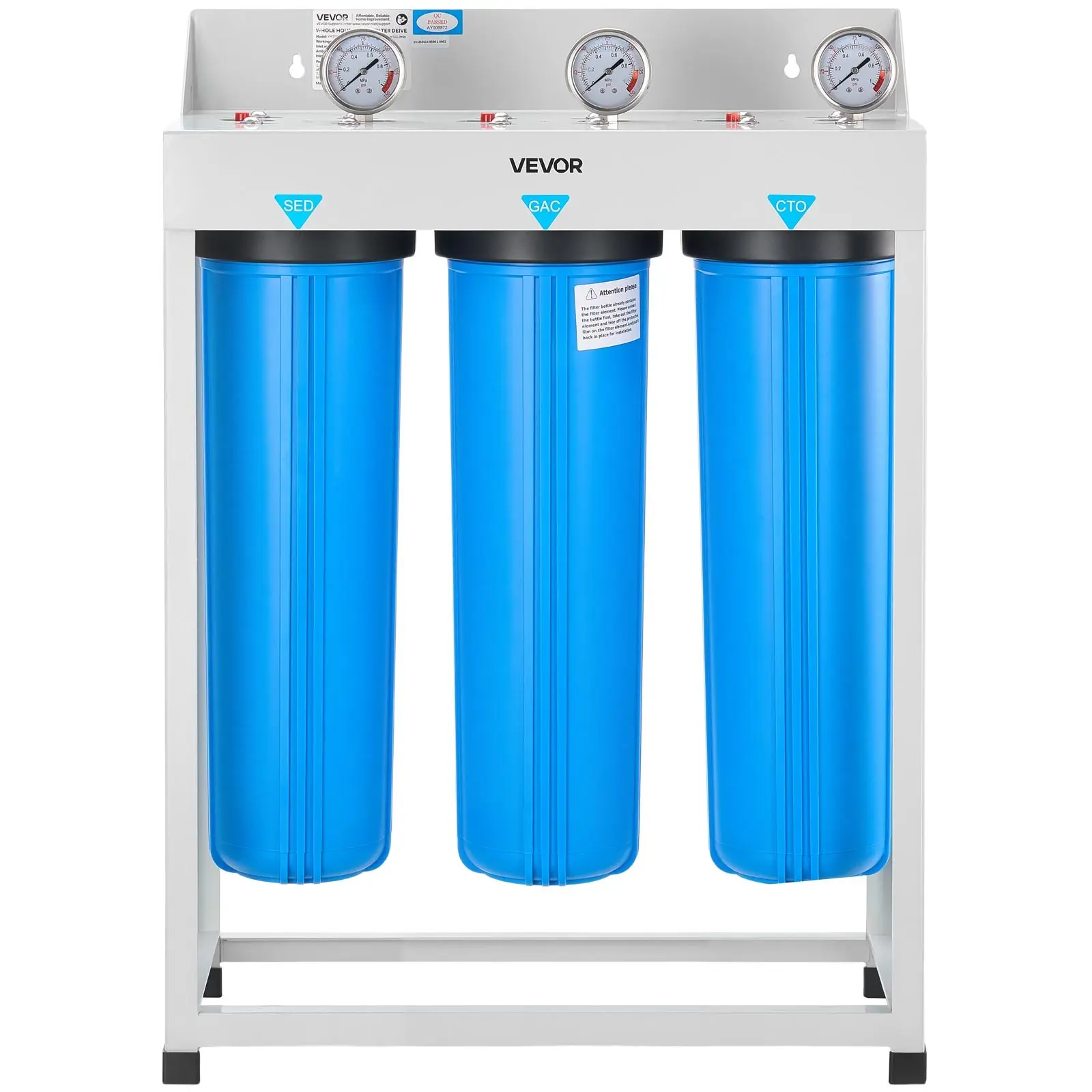 VEVOR Whole House Water Filter System, 3-Stage 4.5"x20" Floor-Standing Purifier with Polypropylene Cartridge, Pressure Gauge, 15 GPM, 100,000 Gal Capacity, 22.6"x9.8"x31.5" - Reduces Chlorine, Chemicals, VOCs, Bad Taste, Odor, Rust for Long-Lasting Use
