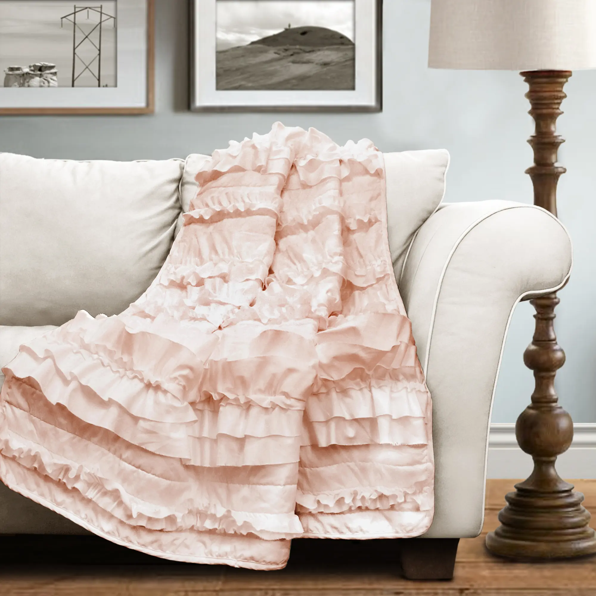 Lush Decor Belle Throw Blanket, 50" W x 60" L, Pink Blush - Coquette Throw Blankets for Bed - Pink Blanket - Ruffled Throw Blanket for Couch