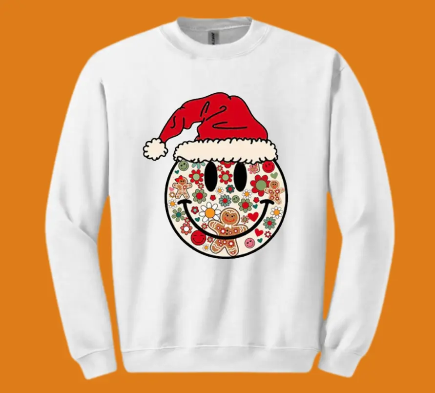 Christmas Smiley Face Sublimation T-shirt and Sweatshirt, Cotton Unisex T-Shirt, Crew Neck, Size S- 3XL, Gift for him, Gift for her, Menswear Top, Womenswear Top