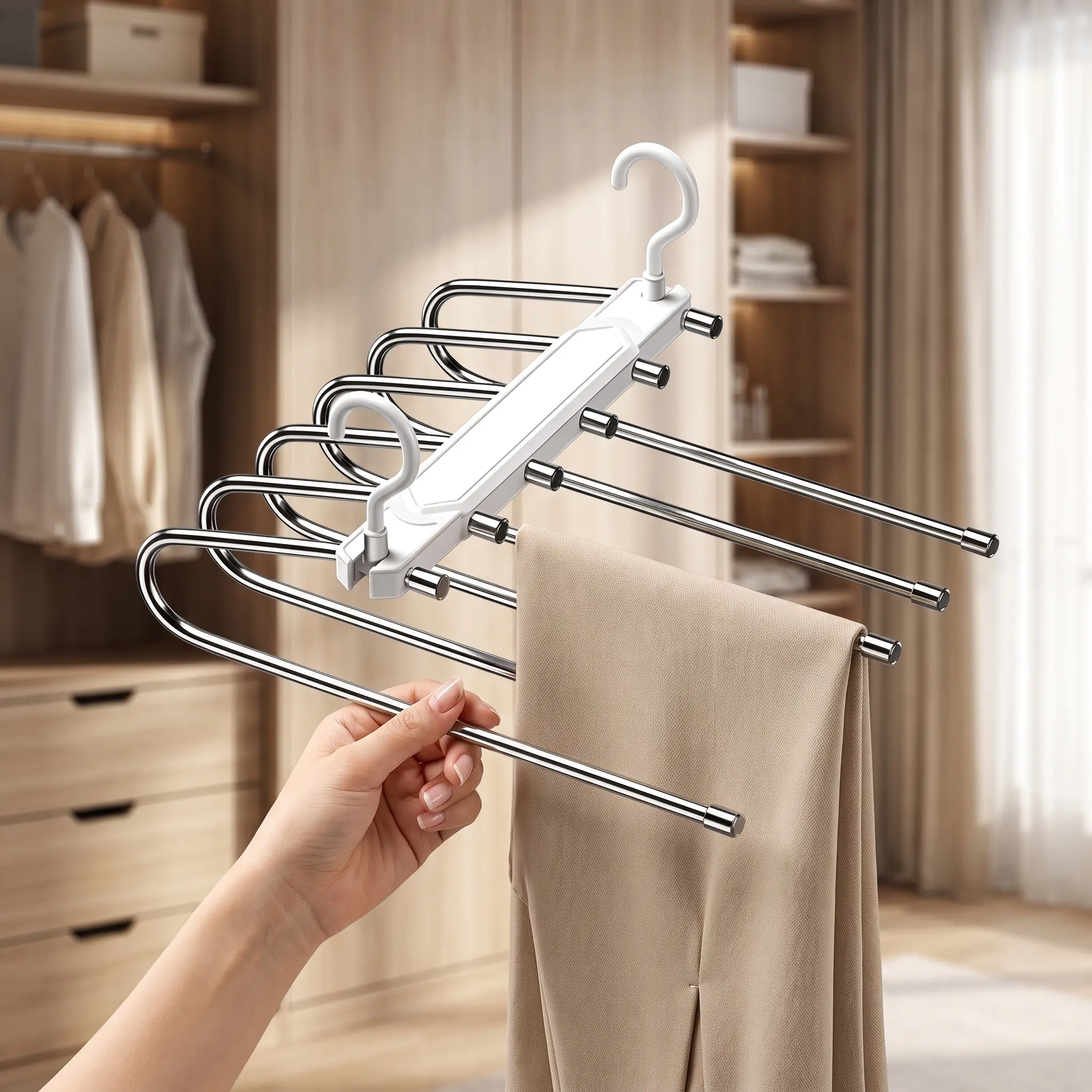 Multifunctional Foldable Stainless Steel Magic Pants Hanger, 6-in-1 Space-Saving Design with Horizontal & Vertical Dual Modes, Open-Ended Rods for Easy Access, Anti-Slip Silicone Ends, 180° Rotatable Hooks for Closet Organization