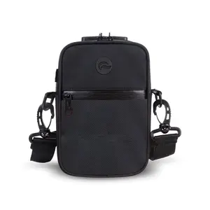 Slide W/Lock - Black/Black Plain Pattern Compact Crossbody Bag with Secure Lock Feature