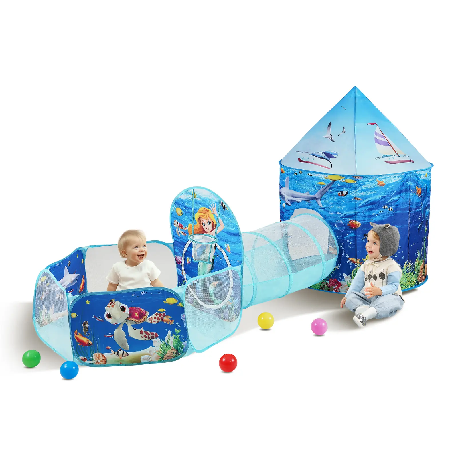 VEVOR 3 in 1 Kids Play Tent with Tunnel,  Basketball Hoop for Boys, Girls, Babies and Toddlers, Indoor/Outdoor Pop Up Playhouse with Carrying Bag & Banding Straps Birthday Gifts, Blue Ocean
