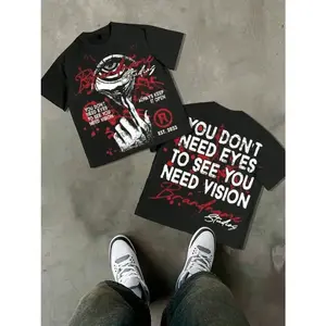 FEEGO You Don't Need Eyes to See Graffiti Loose Short Graphic T-Shirt, Vintage Slogan, Eye Hand Print, Ink, Y2K Grunge Streetwear Style, Casual Wear, Top cotton tee