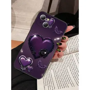 1pc Purple Rose With Heart Pattern Black Phone Case, Suitable For IPhone17/IPhone17 Air/IPhone17 Pro/IPhone17 Pro Max/16 Pro Max/15 Pro Max/14 Pro Max/13 Pro Max/12 Pro Max