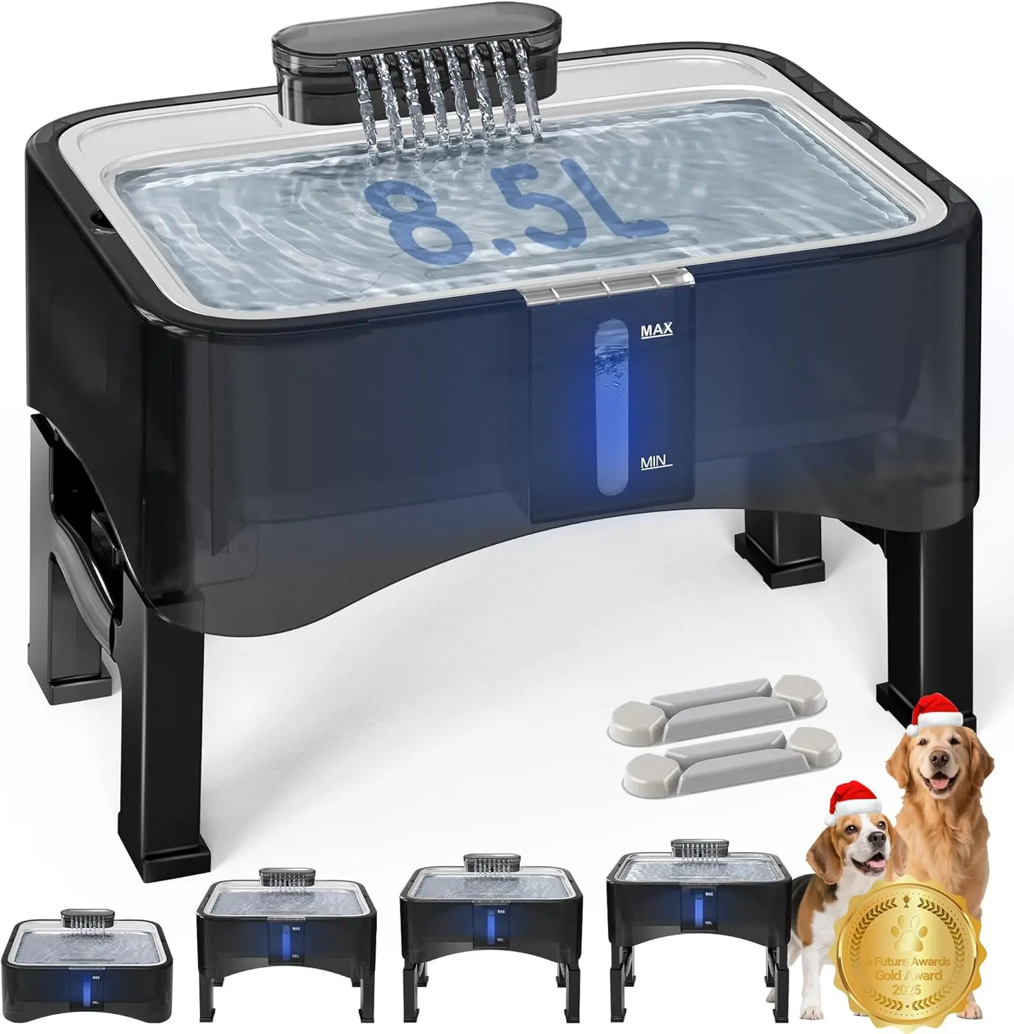 UPSKY 8.5L/2.25Gal Indoor Elevated Automatic Water Feeder for Dogs & Cats, 4 Adjustable Heights, 304 Stainless Steel Tray, Ultra-Quiet Pump, 2 Activated Carbon Filters, Easy Cleaning, Anti-Splashing, Fresh Water Dispenser, Includes Filters, Level Window C
