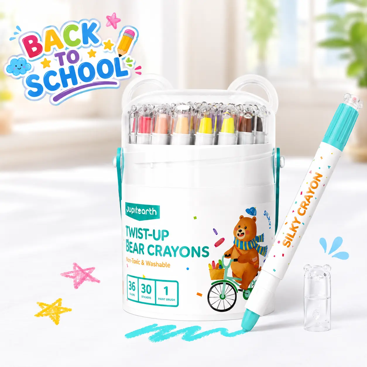 【back to school shopping】JUPITEARTH Ultra-Silky Crayons for Toddlers Easy Grip, 48 Color Bear-Shaped Smooth Oil Pastel Texture Washable Twistable Crayons for Kids, Rich Colorful Art Supplies for Fine Motor Skills