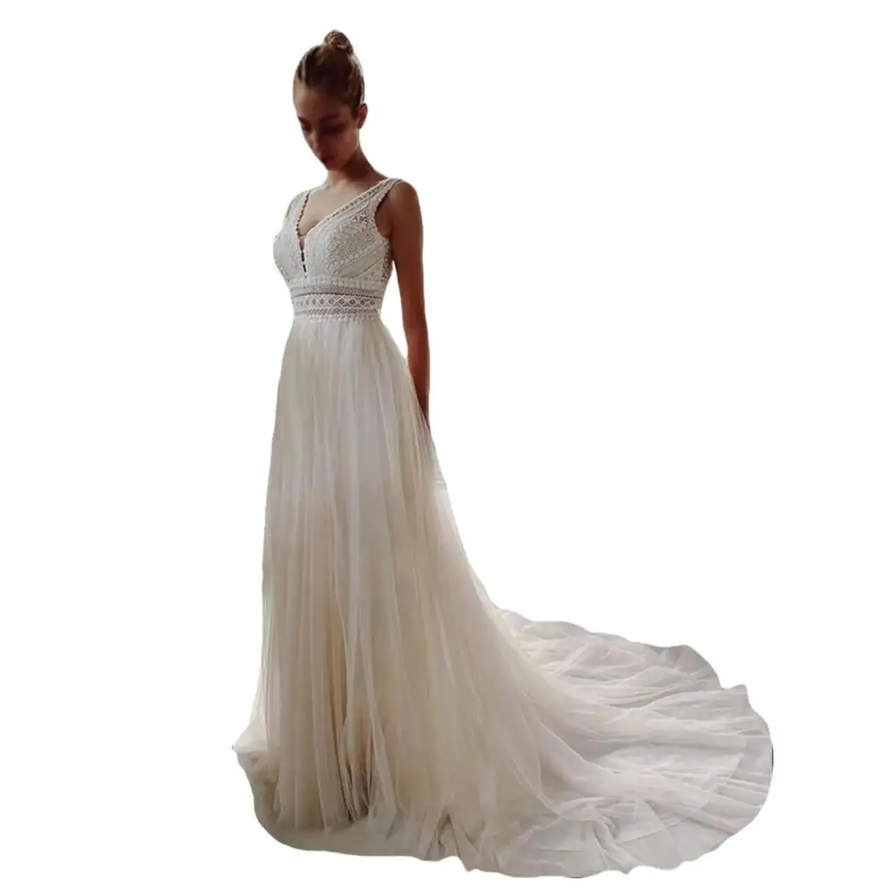 Bohemia V Neck Wedding Dress Elegant Stylish V Neck Design for Special Day Brides Sleeveless Glamorous Bohemian Style Plain Summer Dress for Brideswear
