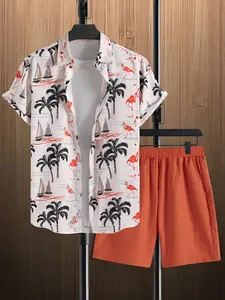 Men's Summer Vacation Tropical Boat Flamingo Print Collared Set, Casual Two-Piece Outfit, Lightweight Breathable Fabric, Beachwear & Daily Wear
