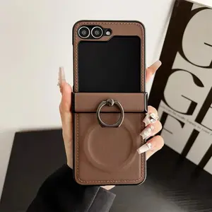 Magnetic Wireless Charging Leather Phone Case for Samsung Galaxy Z Flip 7 6 5 4 3 Flip6 Flip5 Flip4 Ring Hinge Protective Cover