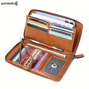 RFID Blocking Wallet 1pc Large Capacity RFID Blocking Synthetic Leather Women's Long Wallet | Multi-Functional Zipper Closure with Wrist Strap, Credit Card Holder, Phone Slot, and Passport/Ticket Organizer | Stylish Minimalist Design for Everyday Use