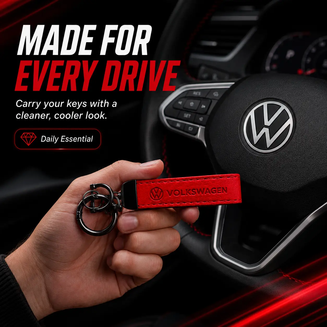 For Volkswagen Tiguan Atlas Jetta Taos ID.4 Golf GTI Golf R Passat Beetle, Premium Leather Car Keychain, Metal Key Ring Key Fob Holder with Swivel Clip, Anti-Lost Automotive Accessory, Stylish Driver Gift for Men Women, Red or Black