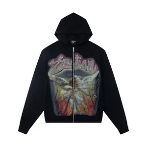 Oversized Angel & Gothic Graphic Zip Up Hoodie with Rhinestone| Y2K Grunge Vintage Washed Streetwear Sweatshirt| Unisex Edgy Layering Jacket for Men Women Spring Fall OOTD