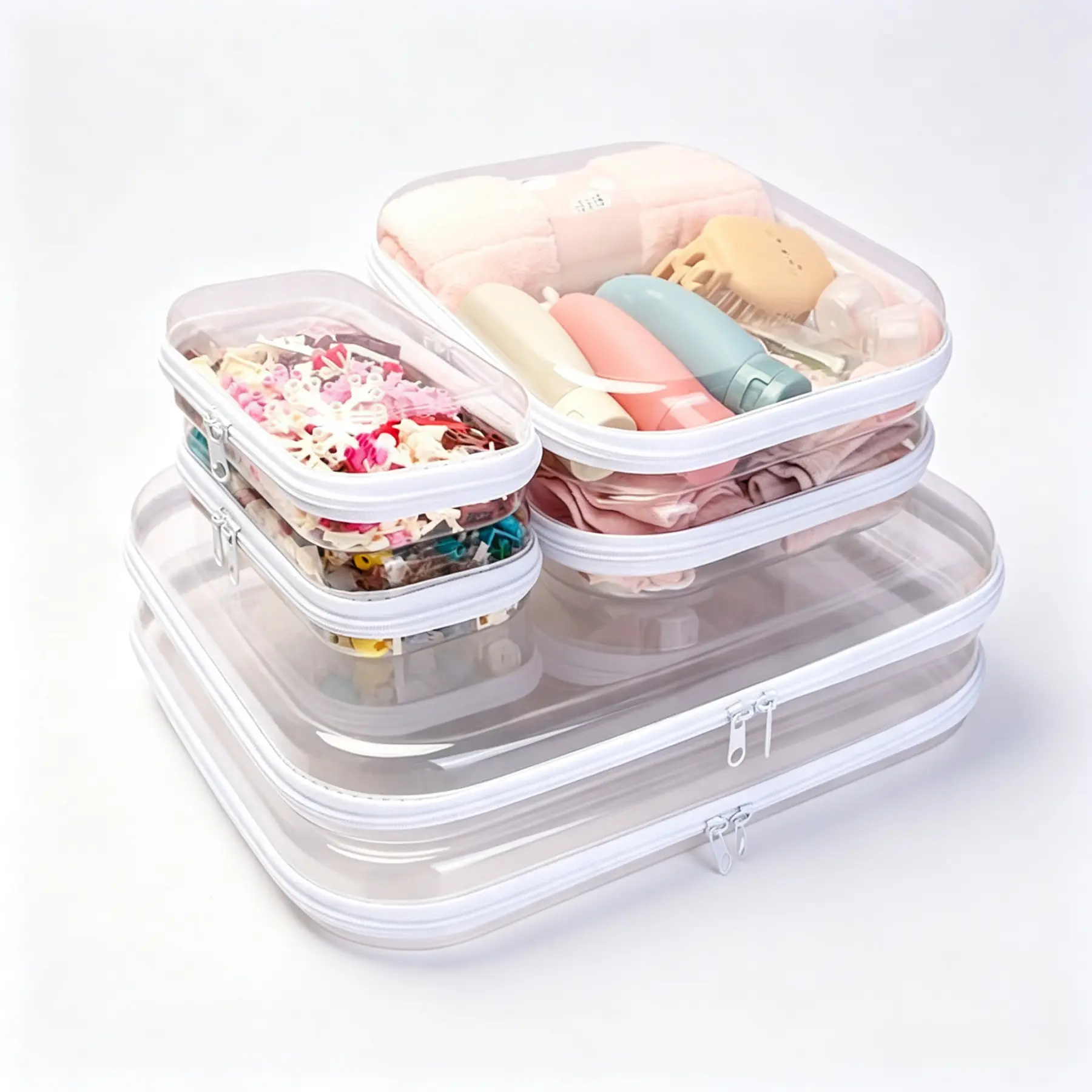 Clear Hard Shell Zipper Case White Transparent shell for easy item access. Works as cosmetic bag, toy pouch, diaper organizer and pencil case.3/6 PCS
