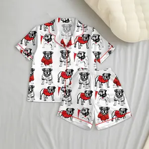Bulldogs Football Satin Pajama Set, Women's Luxury Sleepwear, Pajama Bulldog,Pajama Nightwear Set for Her Women