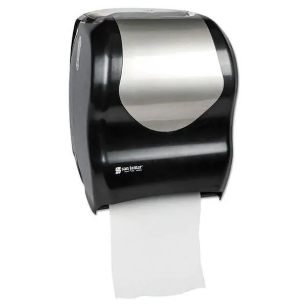 San Jamar SJMT1370BKSS Summit Touchless Roll Towel Dispenser - Black & Silver Plastic, 6 lbs, Automatic Transfer, Portion Control, Germ Spread Prevention, Single Unit, Holds 8", Touchless Dispensing, Roll Dispenser