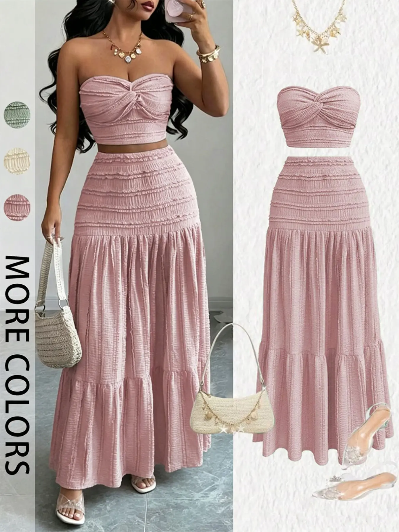 Women's Elegant Formal Wear Evening Dress Matching Set, Sweet Cute Strapless Sleeveless Crop Top and Skirt, Casual Party, Comfortable, Chic and Stylish