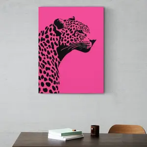 Pink Leopard Canvas Wall Art Black Leopard Head Print Modern Animal Canvas Painting Framed Wall Decor for Living Room Bedroom Office Home