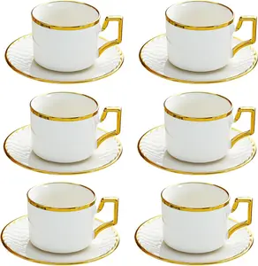 Cappuccino Cups with Saucers, 3 oz Stackable Ceramic Coffee Cup and Saucer with Gold Trim, Turkish Coffee Cups Set for Double Espresso, Tea Cups Set of 6, White